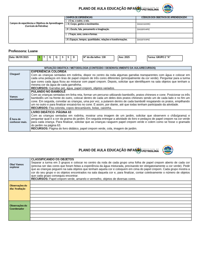 Plano de Aula: Atividades Infantis Coloridas | PDF | Aprendizado | Imagem