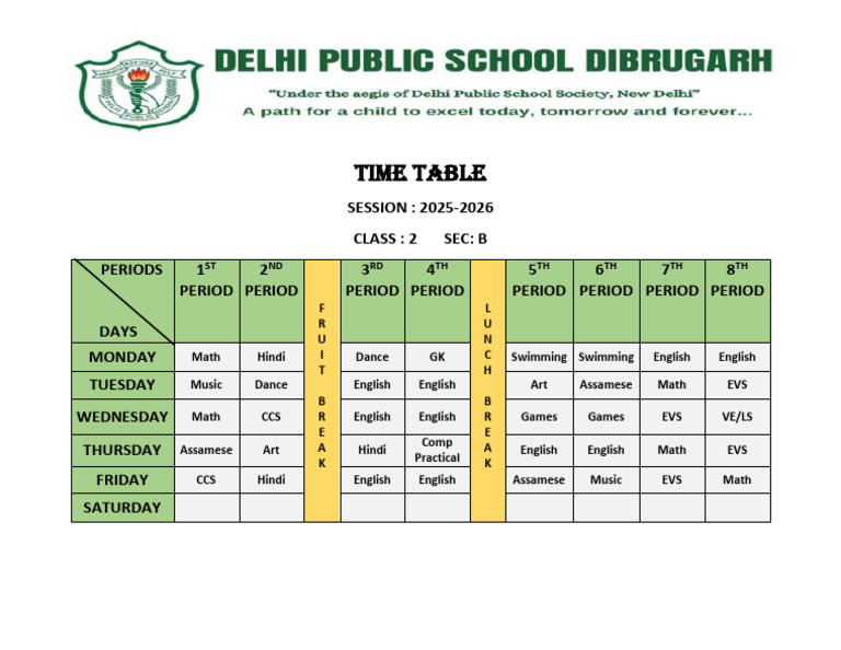 Class 2B Timetable 2025-2026 | PDF