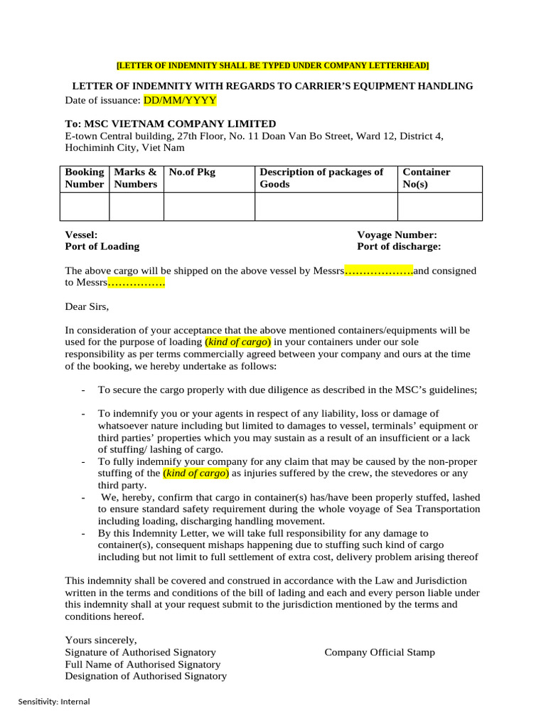 Indemnity Letter for Cargo Handling | PDF | Cargo | Indemnity