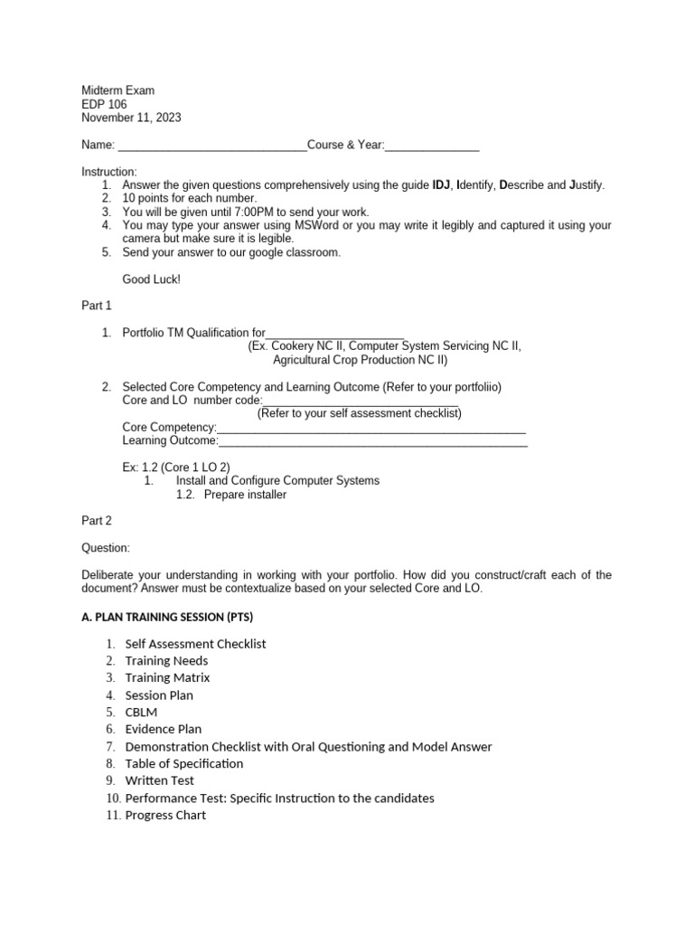 EDP 106 Midterm Exam Instructions | PDF