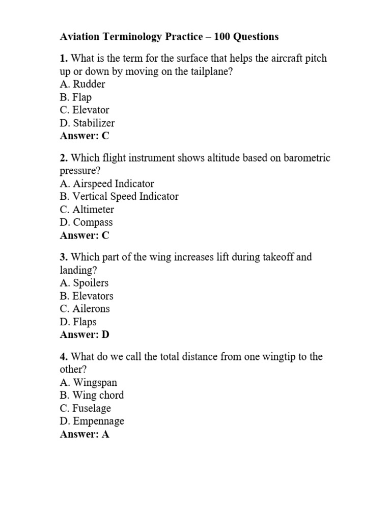 Aviation Terminology Quiz: 100 Questions | PDF | Aircraft | Flight ...