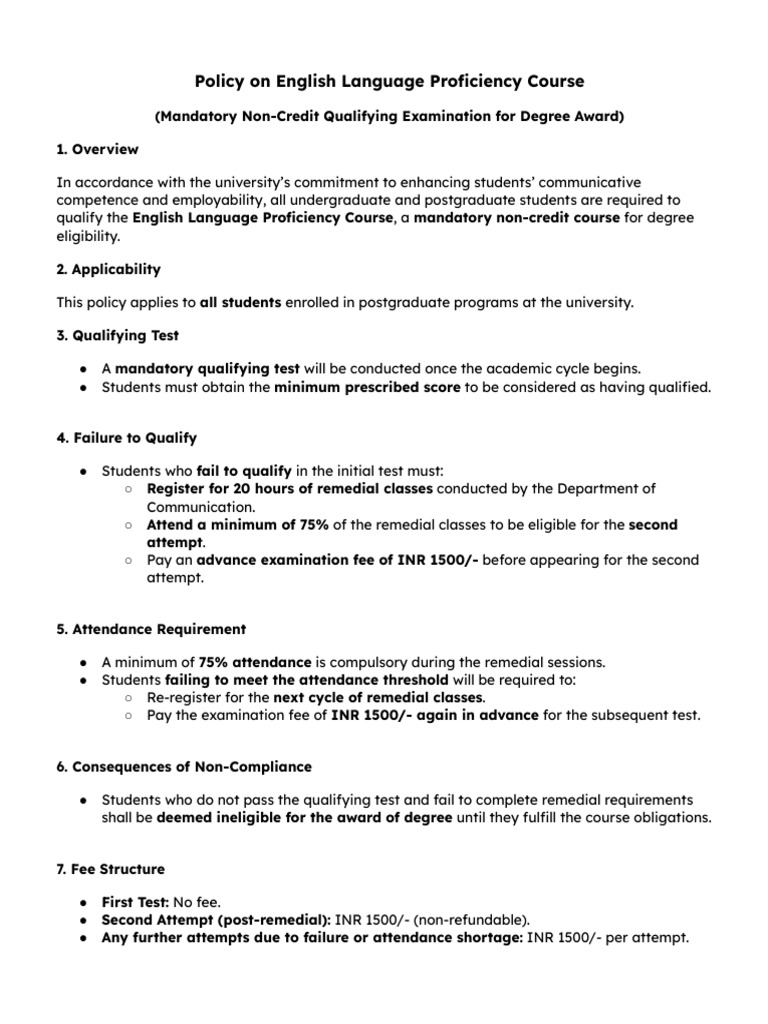Policy On English Language Proficiency Course | PDF