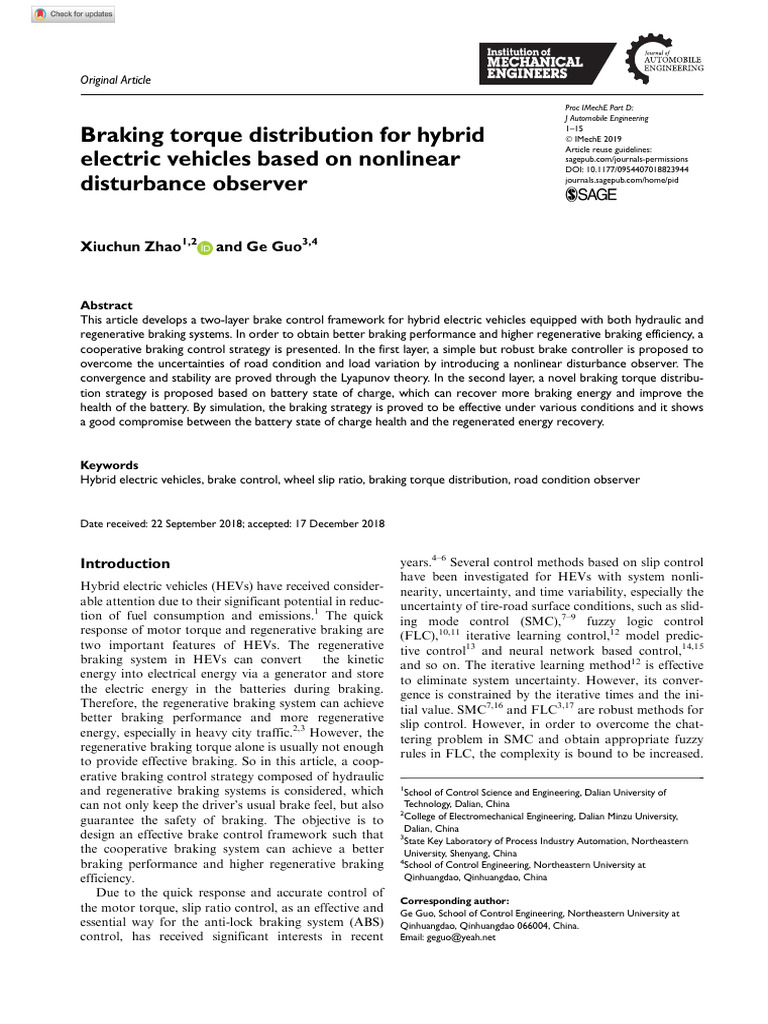 Braking Torque Distribution For Hybrid Electric Vehicles Based On ...