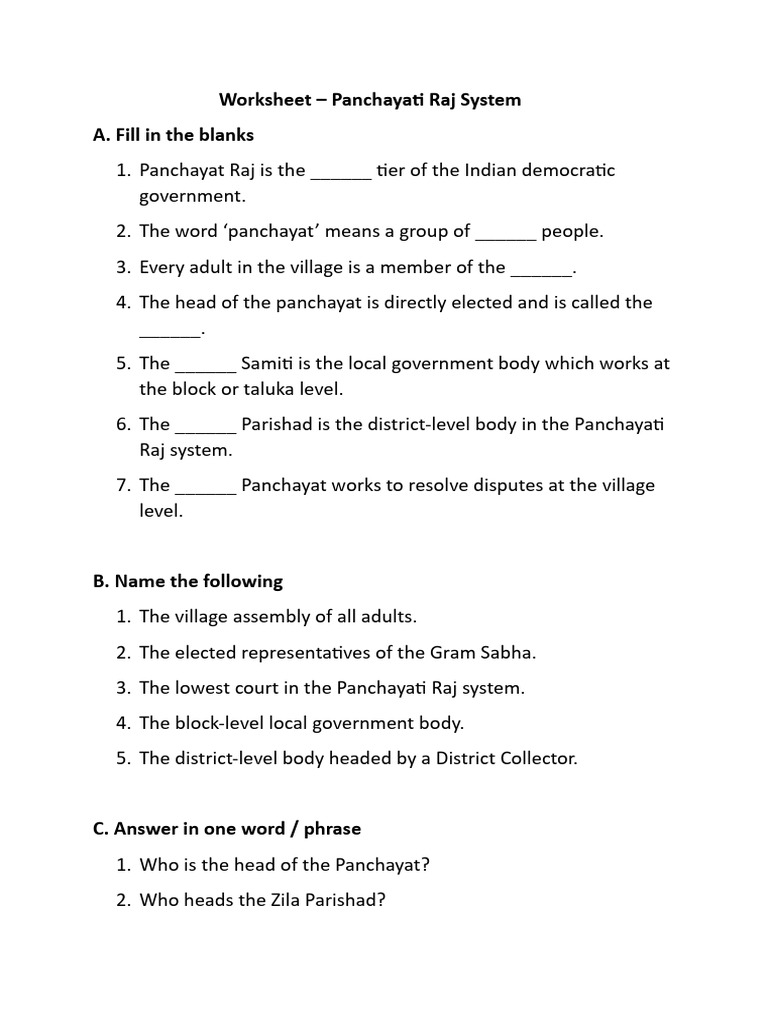 Worksheet - Panchayati Raj System A. Fill in The Blanks | PDF