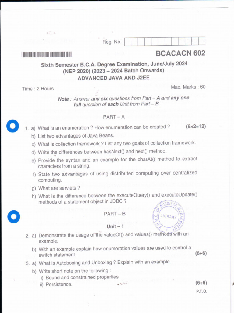 BCA VI Semester Advanced Java and J2EE July 2024 | PDF