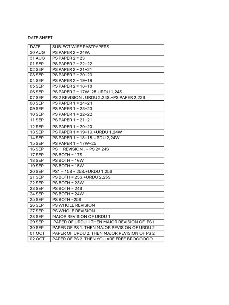 Subject-Wise Past Papers Schedule | PDF