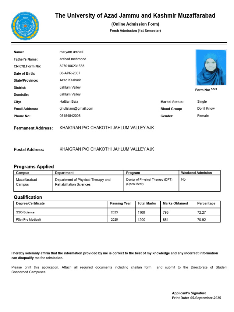 Online Admission Form for DPT Program | PDF | Postgraduate Education ...