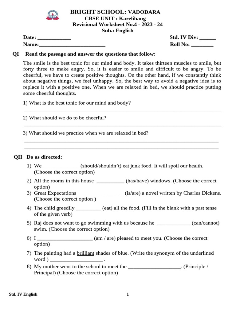English Revision Worksheet for Std IV | PDF