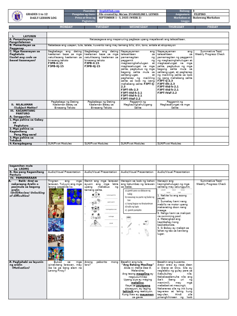 DLL - FILIPINO 3 - Q2 - W2 v2 | PDF