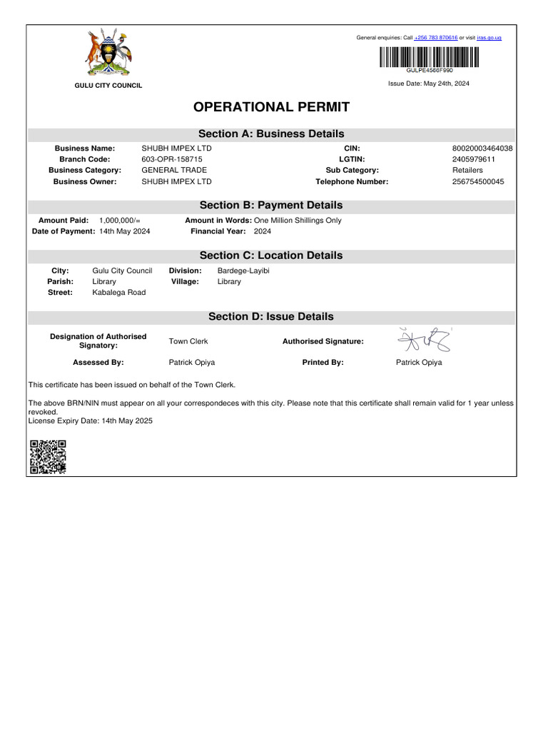 Gulu City Operational Permit for Shubh Impex | PDF