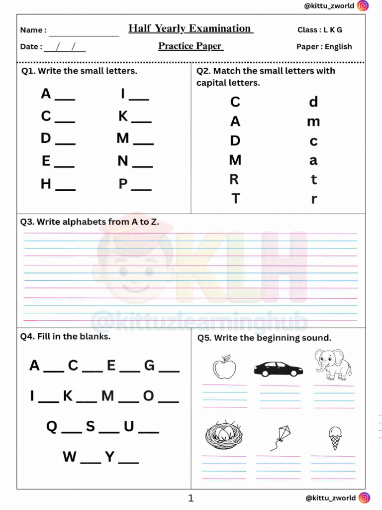 LKG English Half Yearly Exam | PDF