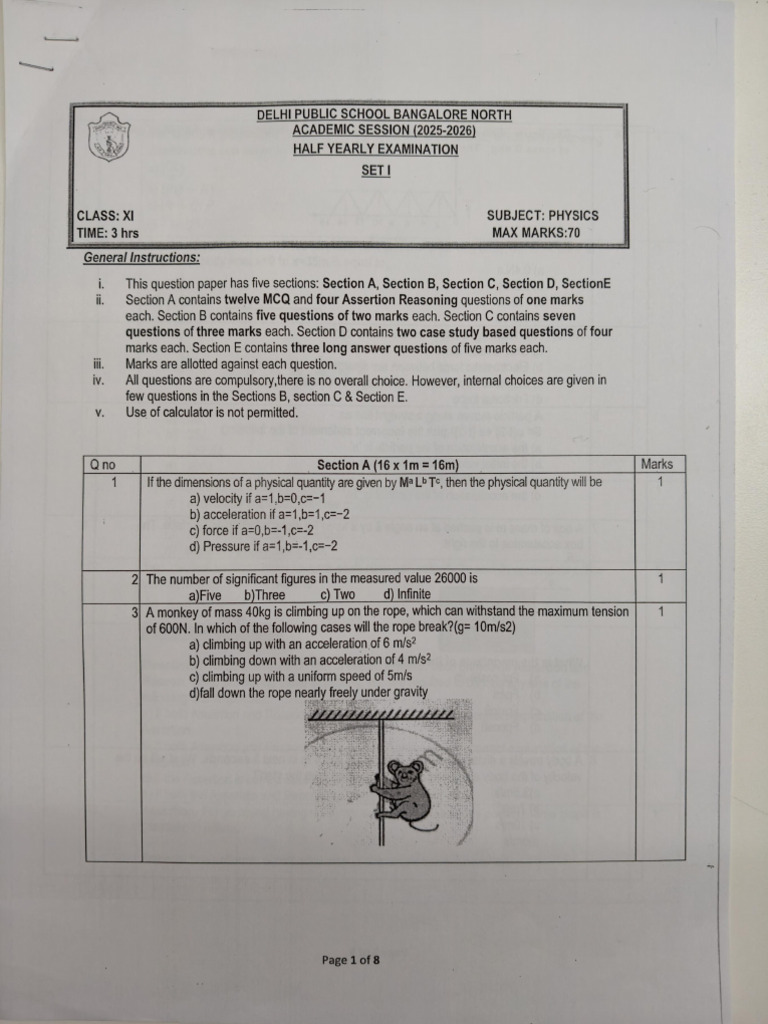 Class XI Physics Half-Yearly Exam 2025-26 | PDF | Acceleration | Force