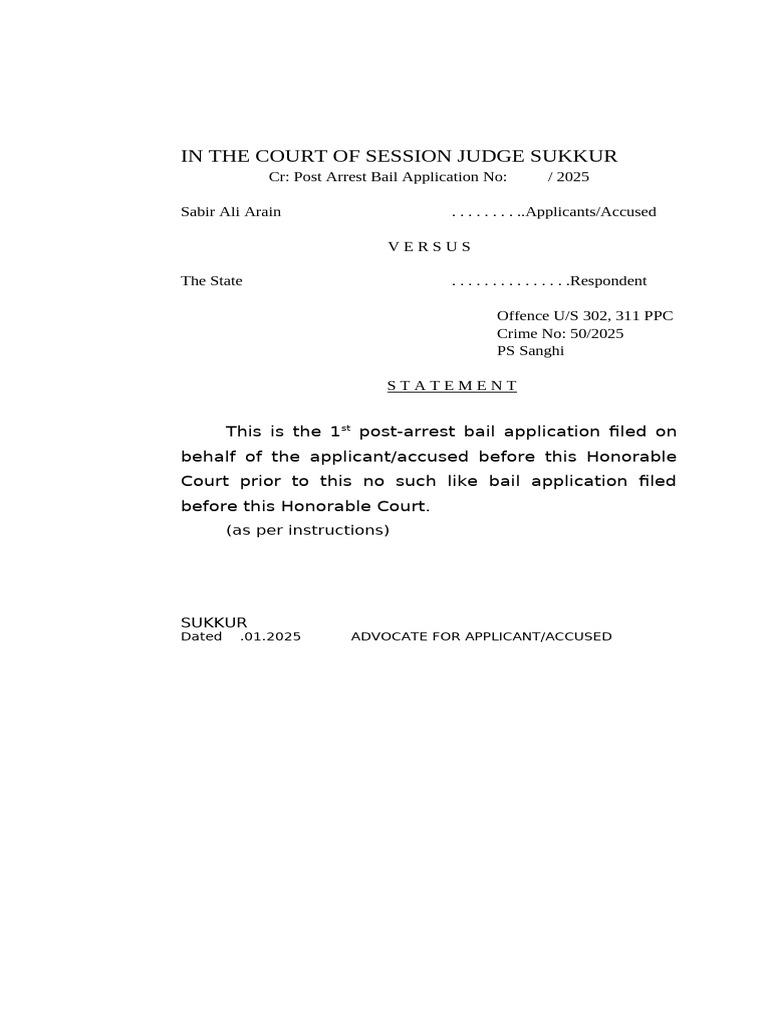 Post-Arrest Bail Application for Murder Case | PDF | Bail | Crime ...