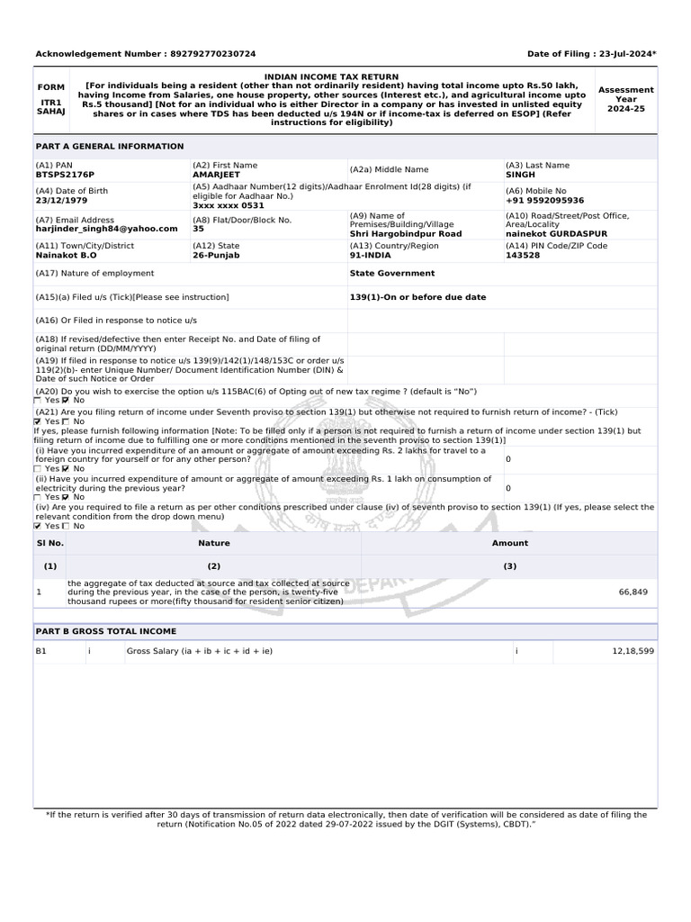 ITR1 Income Tax Return Form 2024-25 | PDF | Government Finances | Payments