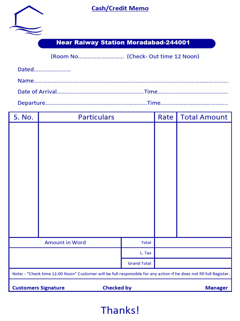 Hotel Cash/Credit Memo Template | PDF