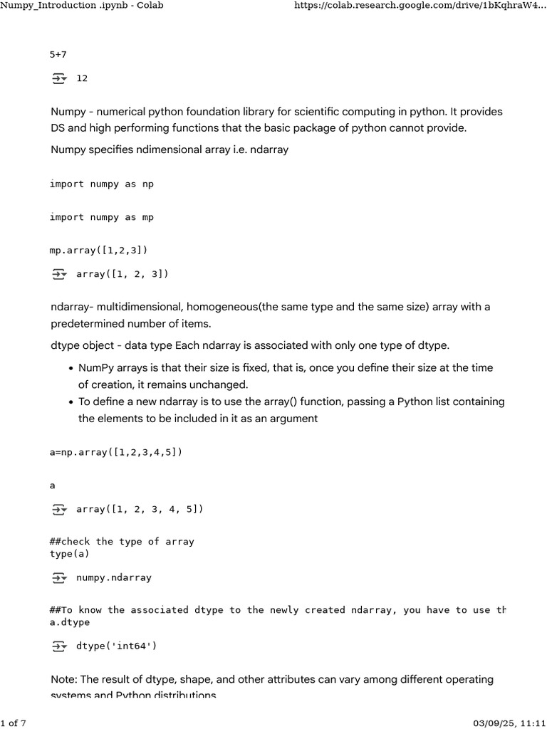 Numpy - Introduction .Ipynb - Colab | PDF | Mathematics | Computer ...
