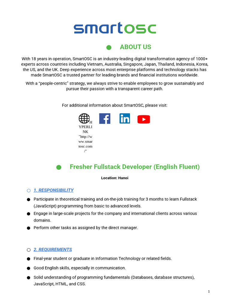 Fresher Fullstack Developer Position at SmartOSC | PDF | Java Script ...