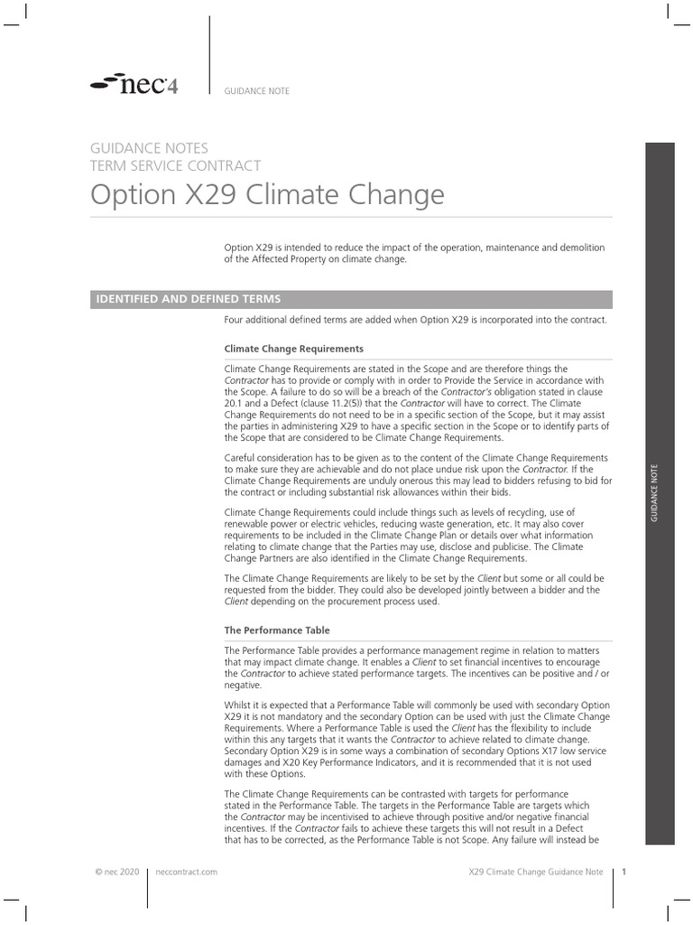 NEC4 X29 Climate Change Guidance Notes TSC | PDF | Subcontractor ...