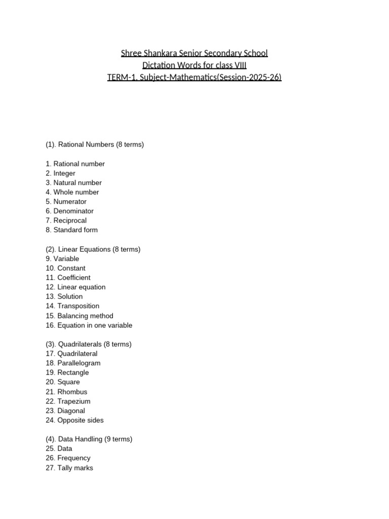 Mathematics Dictation for Class VIII | PDF