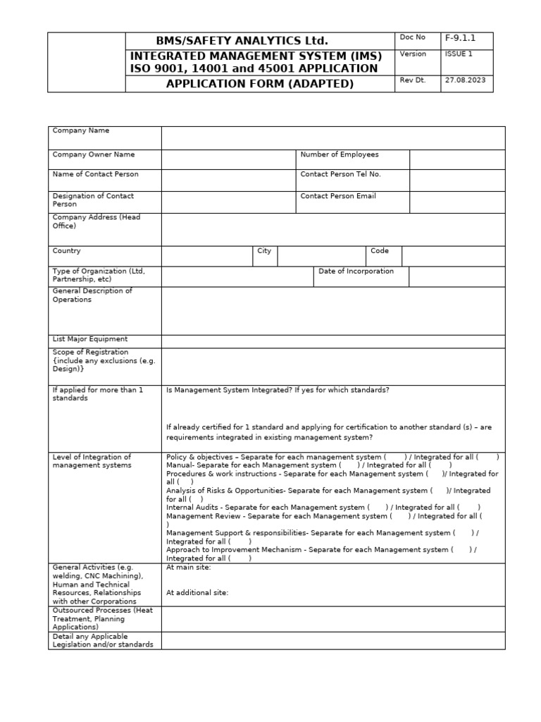 IMS Application Form for ISO Certification | PDF | Business