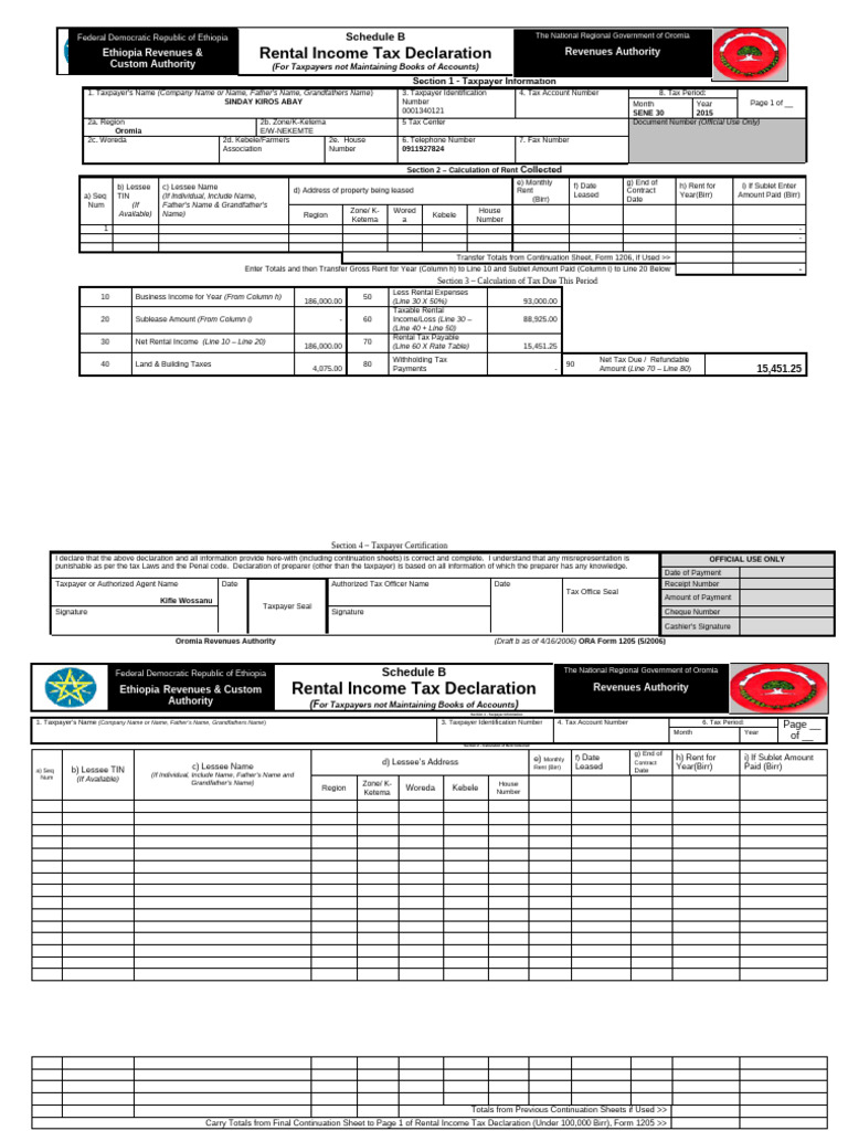 Ethiopia Rental Income Tax Declaration | PDF | Taxes | Lease