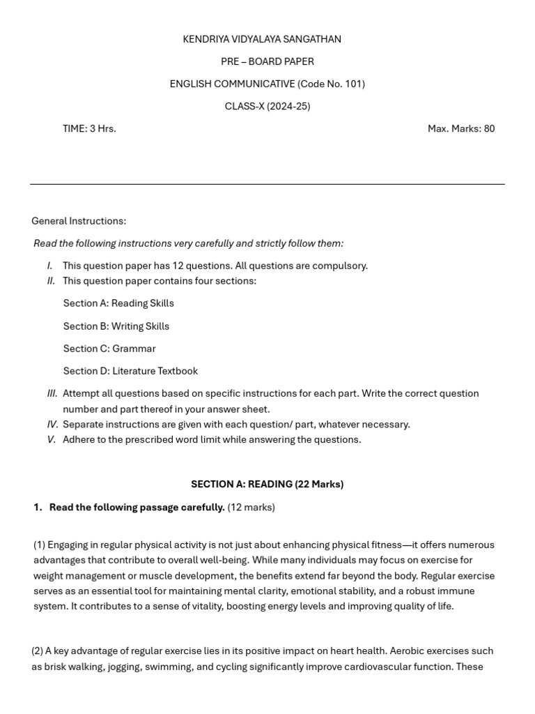 Class X English Communicative Pre-Board Paper | PDF | Mental Health | Sleep