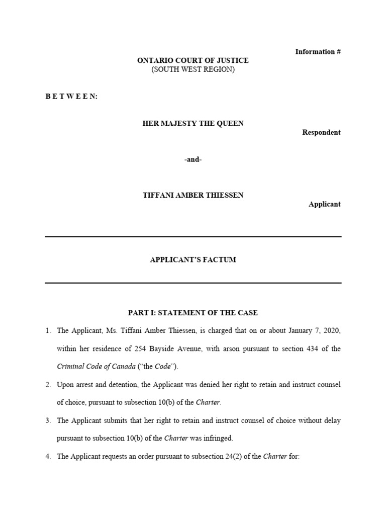Thiessen Arson Case Factum Analysis | PDF | Right To Counsel | Arrest