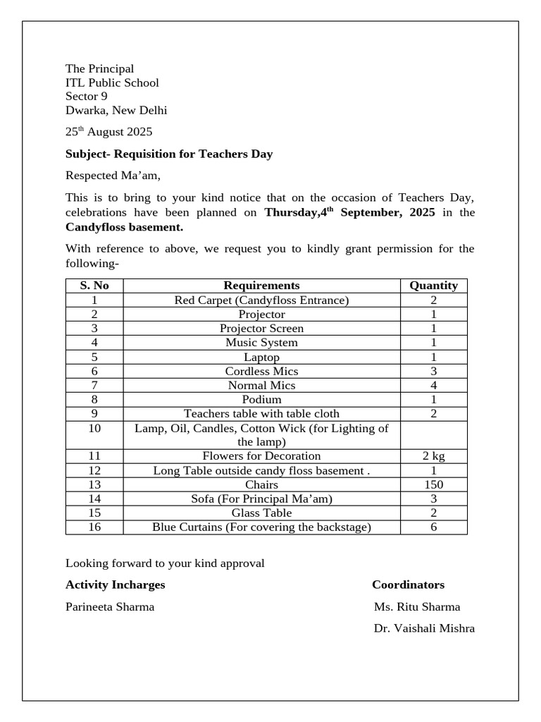 Teachers Day Requisitions 2025 | PDF