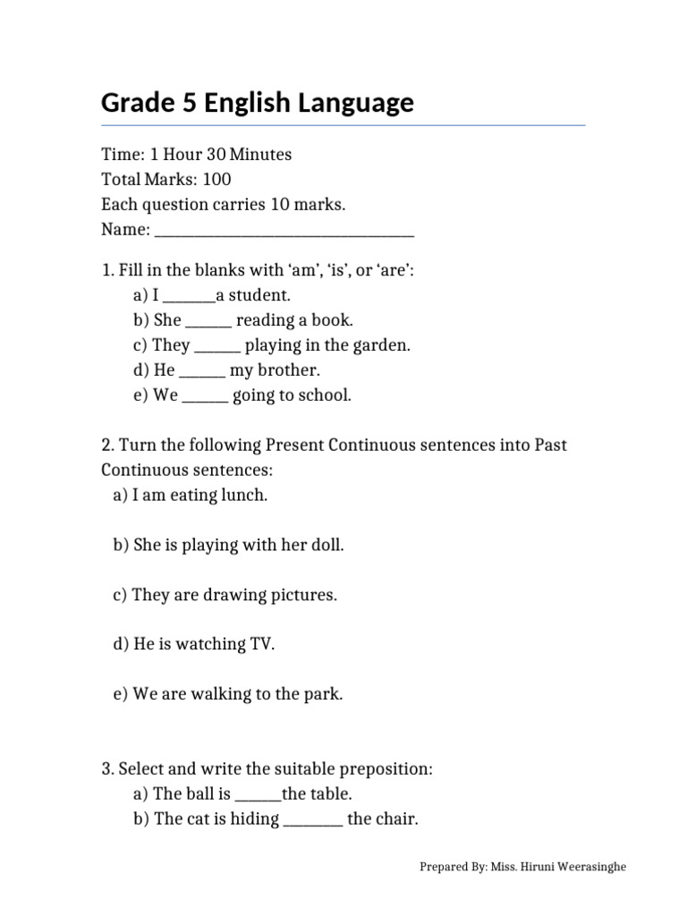 Grade 5 English Language Worksheet | PDF | Syntax | Linguistic Morphology