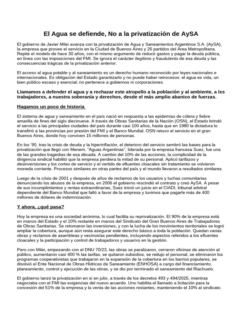 ¿FINAL El Agua Se Defiende, No A La Privatización de AySA | PDF