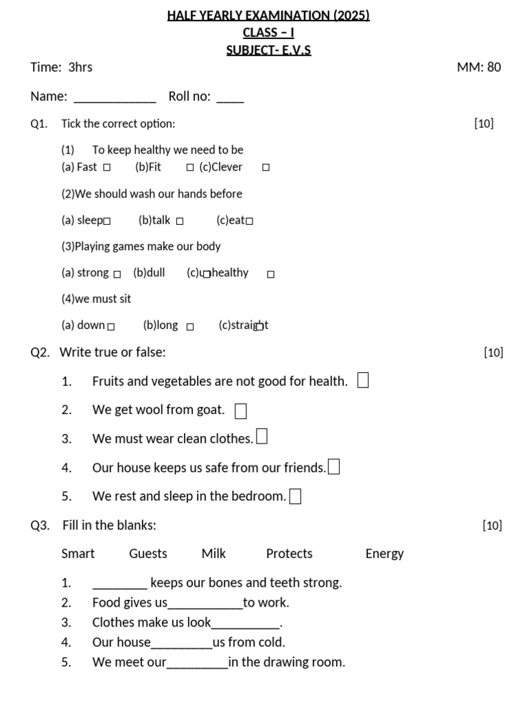 Class 1 EVS Half Yearly Exam Paper | PDF