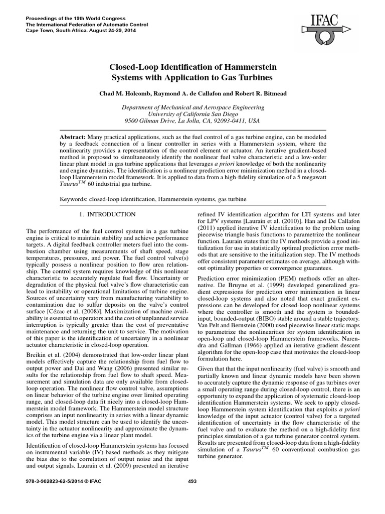 Closed Loop Identification of Hammerstein Systems With 2014 IFAC ...