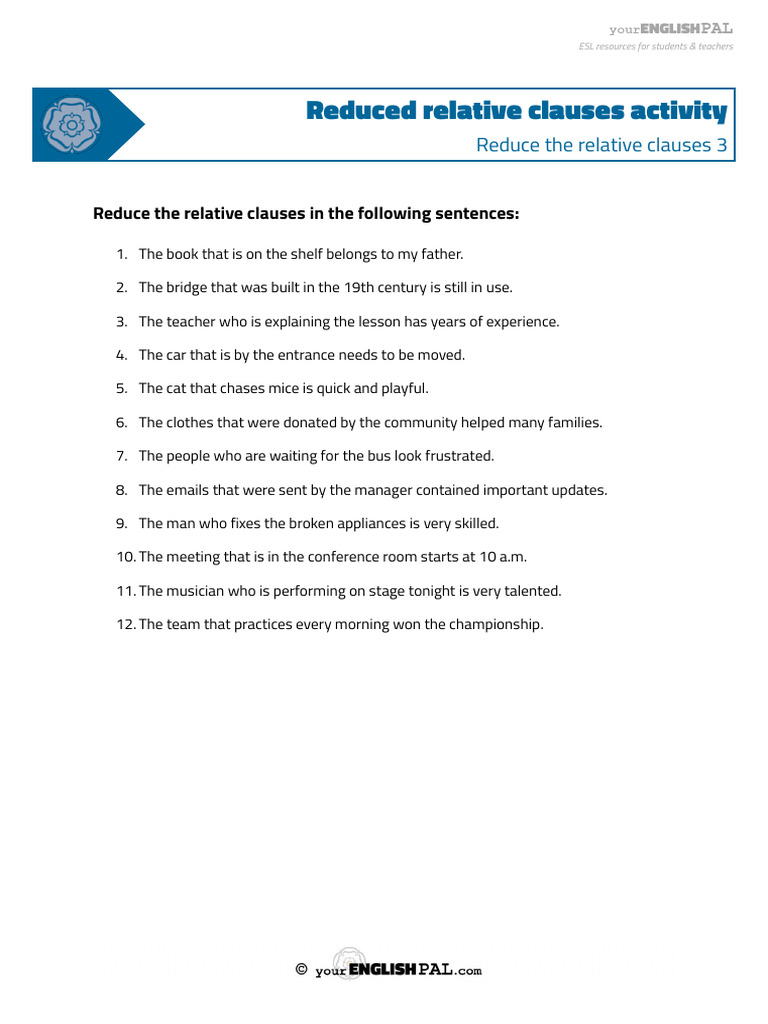Reduced Relative Clauses Activity 3 | PDF