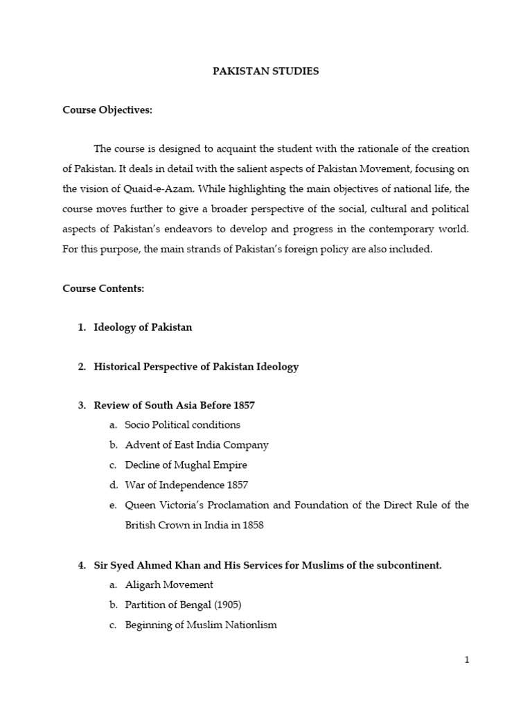 I Course Outline Pakistan Studies | PDF | Pakistan | Two Nation Theory