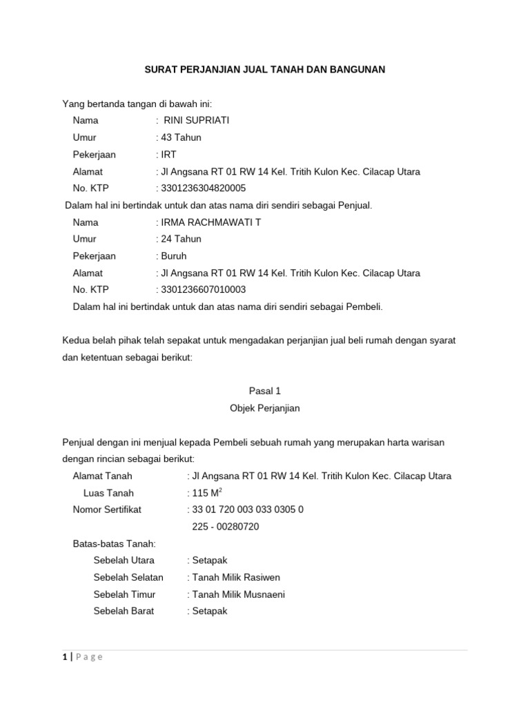 Perjanjian Jual Beli Tanah dan Rumah | PDF