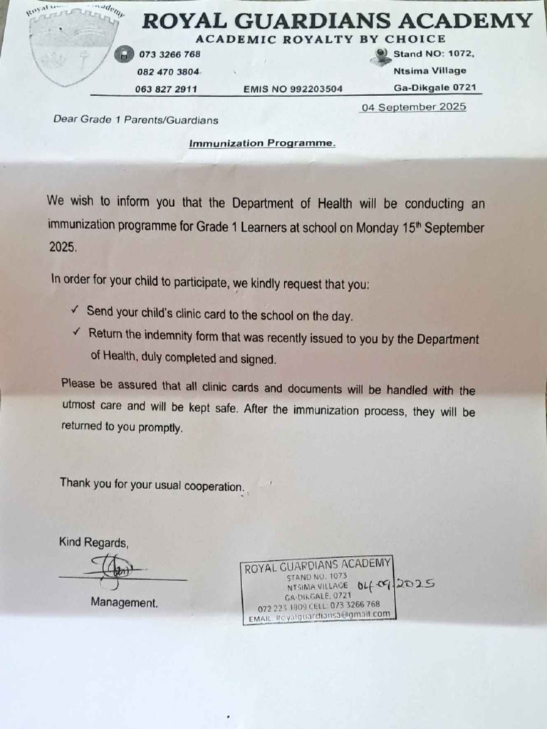 Grade 1 Immunization Notice 2025 | PDF