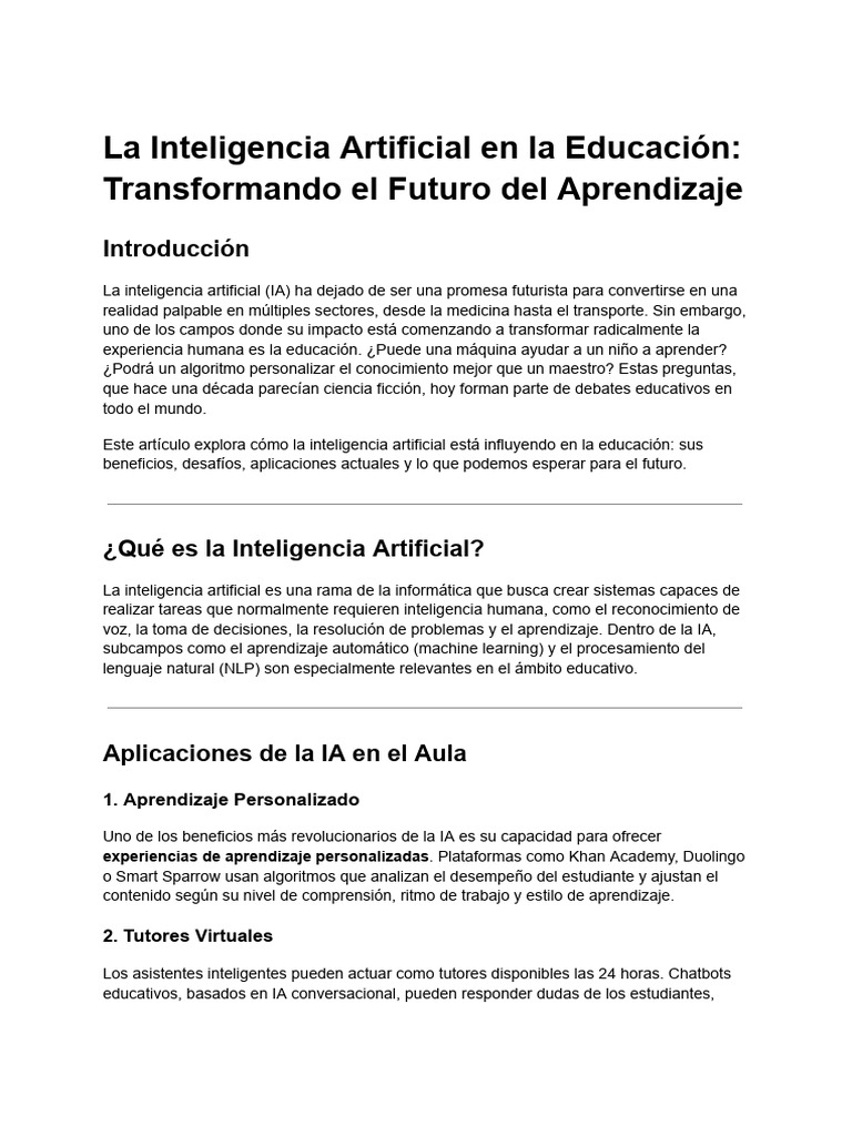 IA en Educación: Transformando el Aprendizaje | PDF | Inteligencia ...