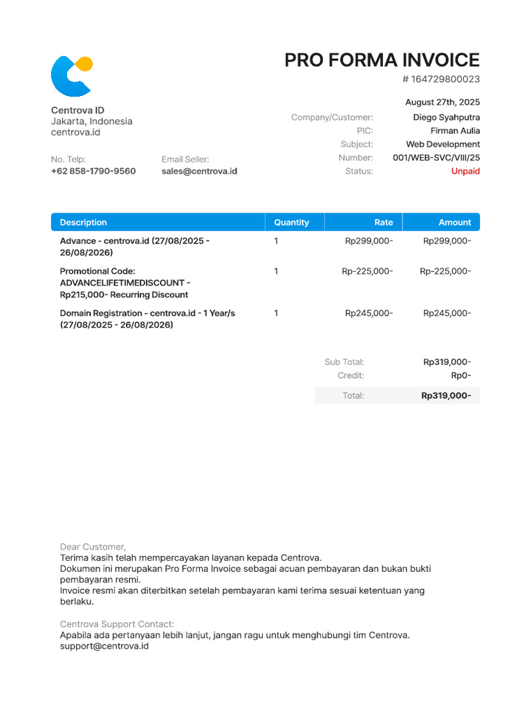 Contoh Standard Invoice Centrova | PDF