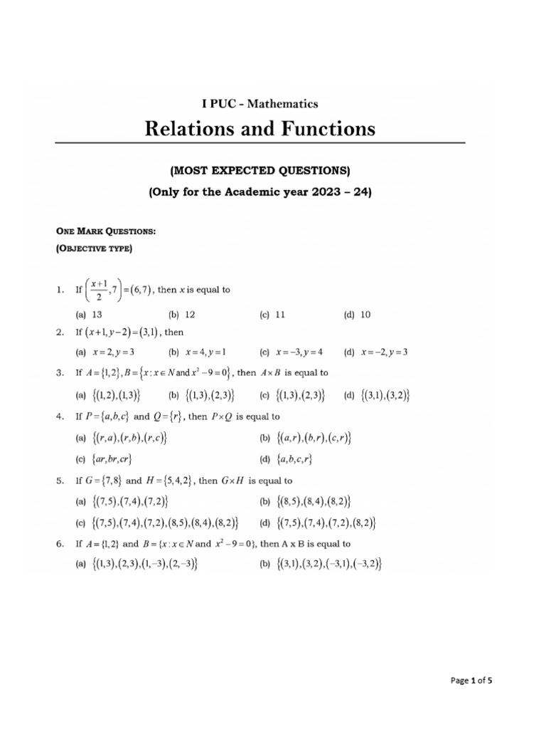 I PUC Mathematics: Relations & Functions QB | PDF