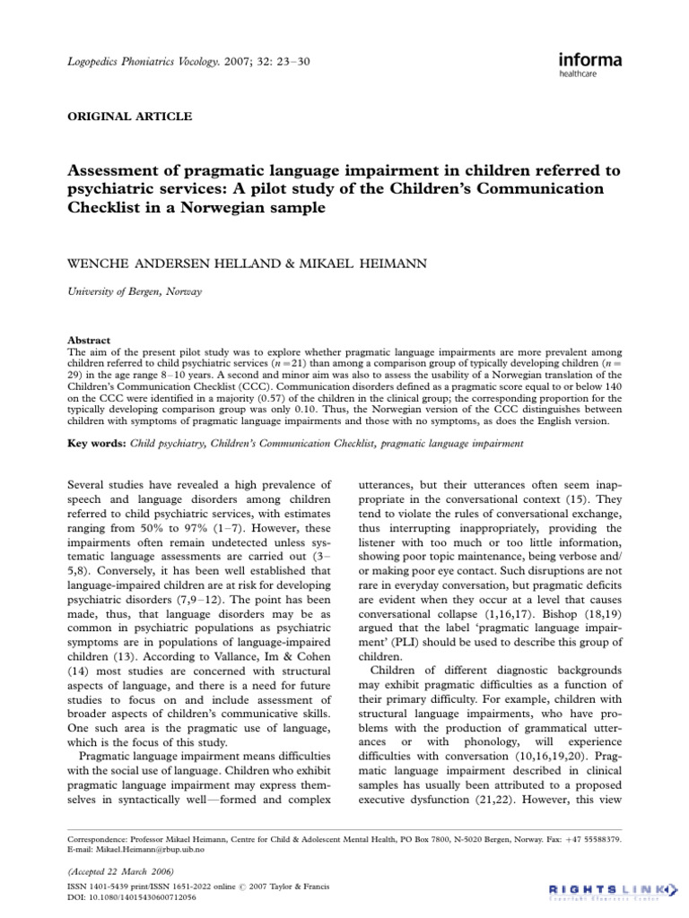 Pragmatic Language Impairment in Children | PDF | Autism | Mental Disorder