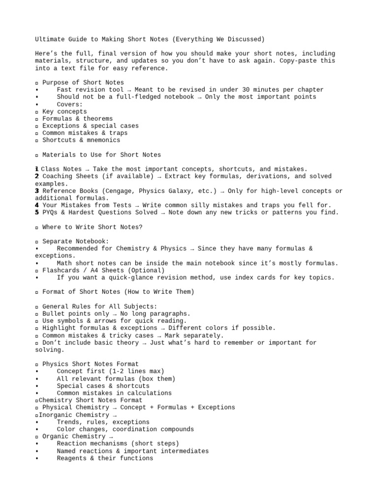 Short Notes Creation Guide | PDF | Chemistry | Physical Sciences
