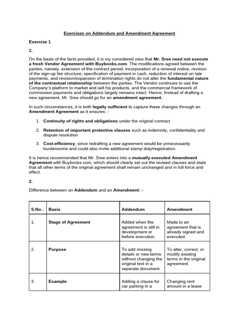 Addendum vs Amendment Agreement Guide | PDF | Consideration | Lease