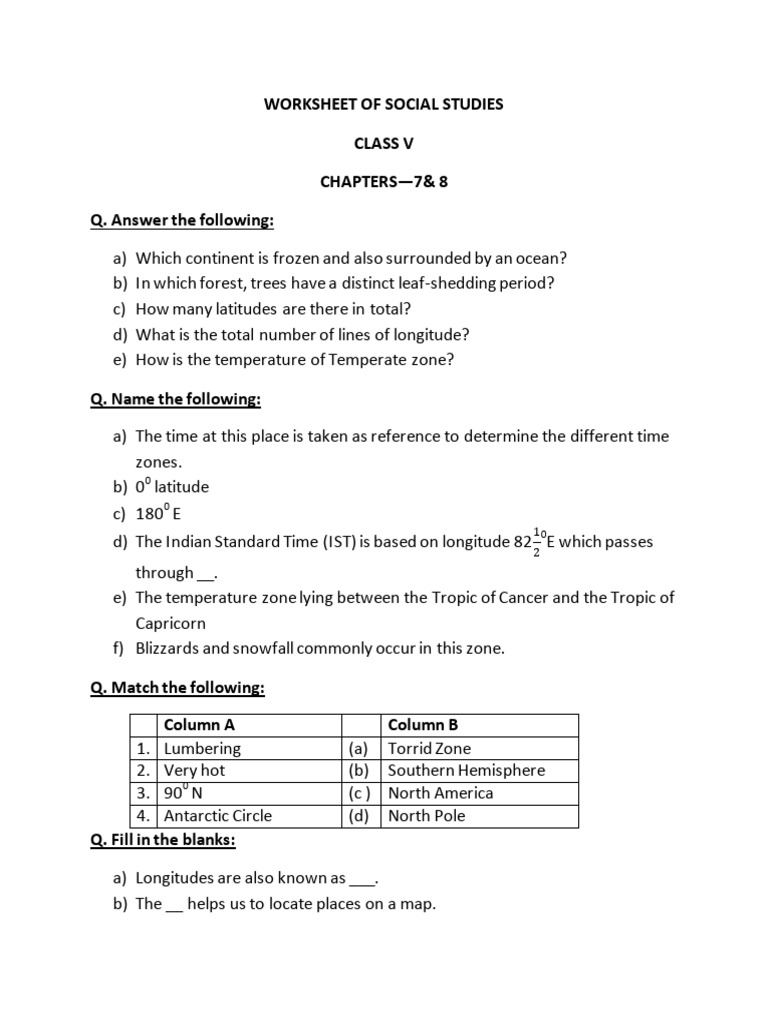 Social Studies Worksheet for Class V | PDF