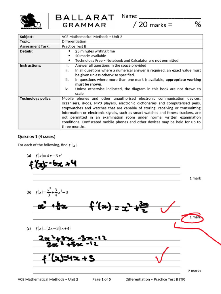 VCE Math Methods Differentiation Test | PDF | Derivative | Function ...