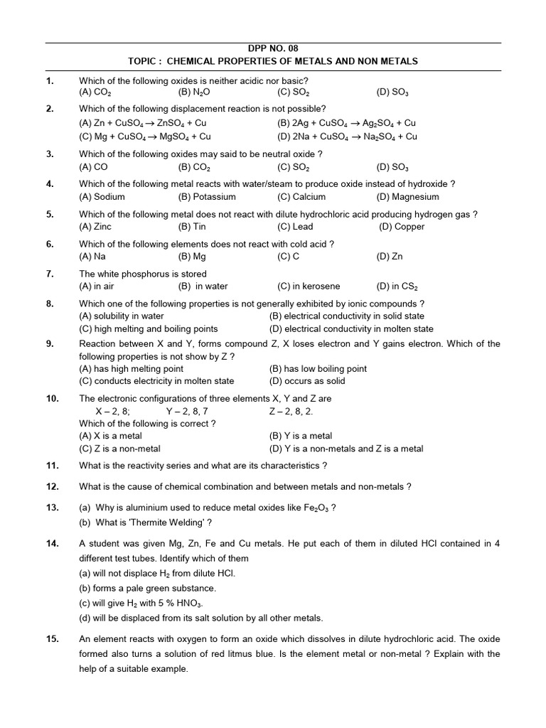 Chemical Properties of Metals & Nonmetals | PDF | Magnesium | Metals