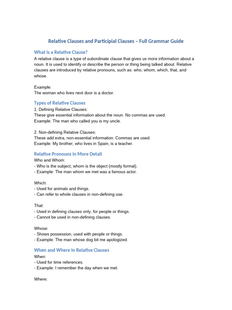 Relative and Participial Clauses Guide | PDF | Clause | Pronoun