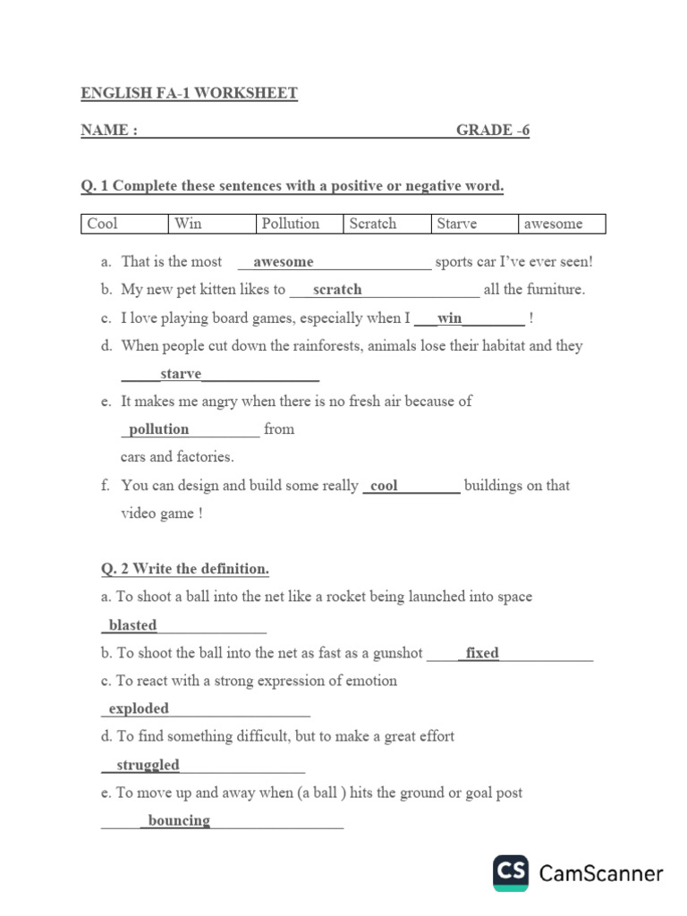 FA1 English Worksheet With Answers | PDF