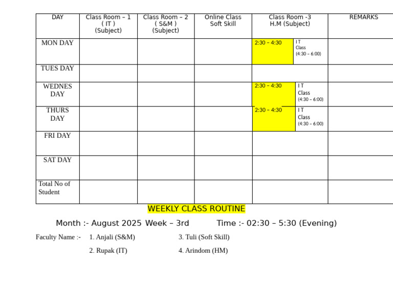 3rd Week Class Routin Evening - August-1 | PDF