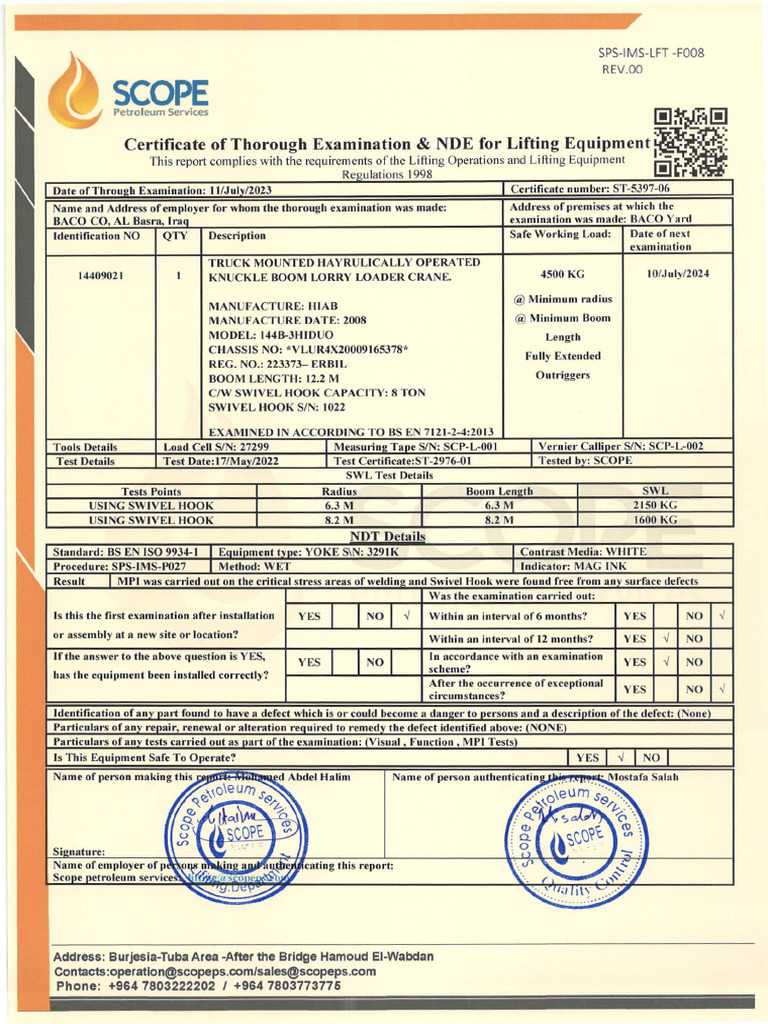 Lorry Loader Crane Inspection Certificate | PDF | Manufactured Goods ...
