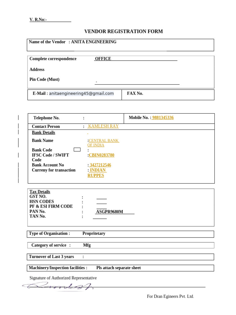 Vendor Registration Form for Anita Engineering | PDF
